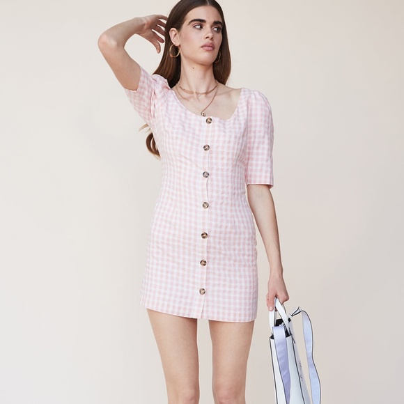 NWT LPA Pink White Gingham Puff Sleeve 1/2 Sleeve Mini Dress Button Front Sz LG - Picture 9 of 9